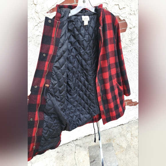 Large LEVI'S red black Buffalo plaid checkers hooded coat jacket quilted lining - Picture 6 of 16